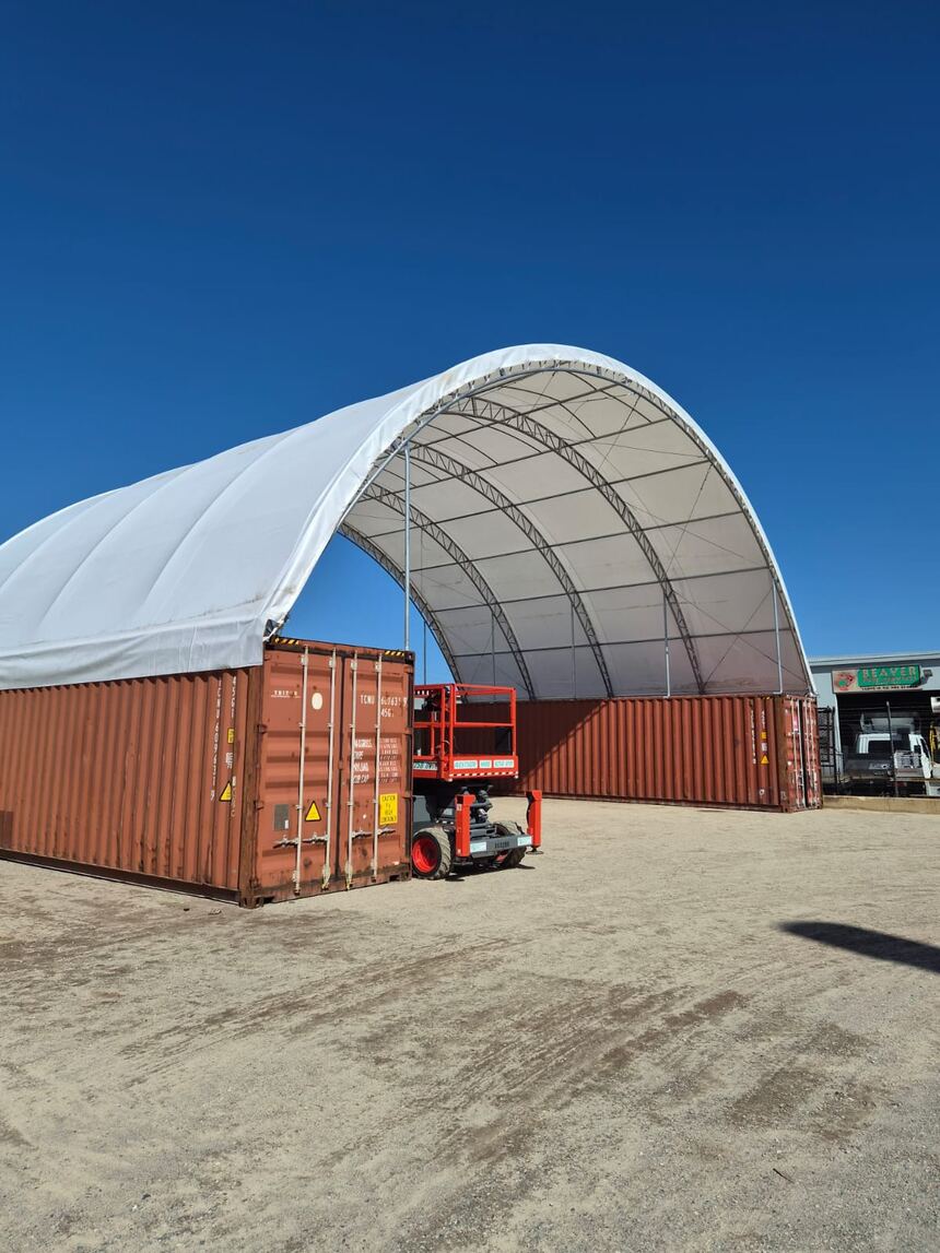 Dome shelter installed over two shipping containers in the Forrestdale yard
